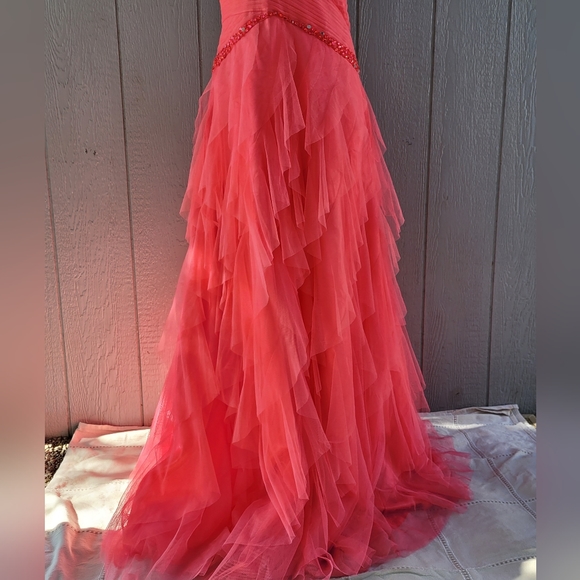 STUNNING Vibrant Coral crinoline Ruffle Strapless evening gown VTG EUC Sz 19/20 - Picture 3 of 9